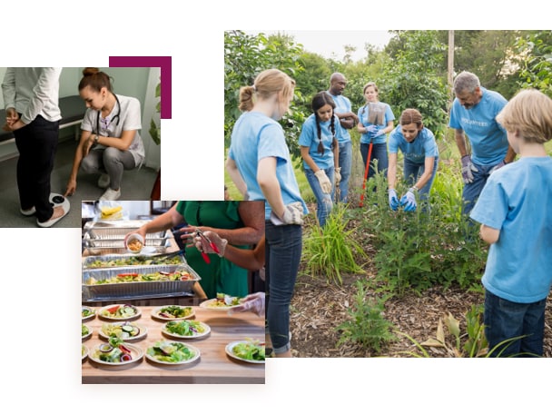 Images of a doctor checking weight, plates of food, and people working in a garden