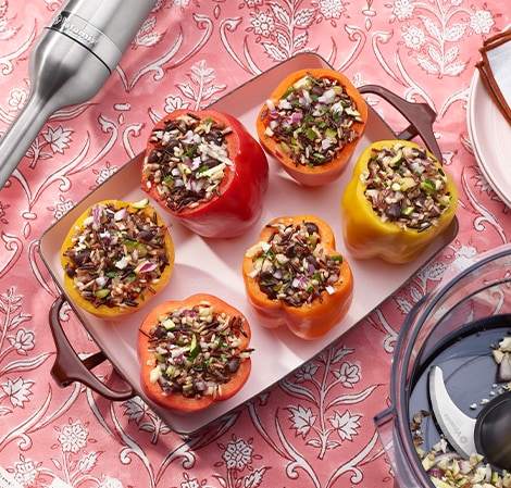 Vegetable, Black Bean, and Wild Rice Stuffed Peppers [Food Processor Attachment]